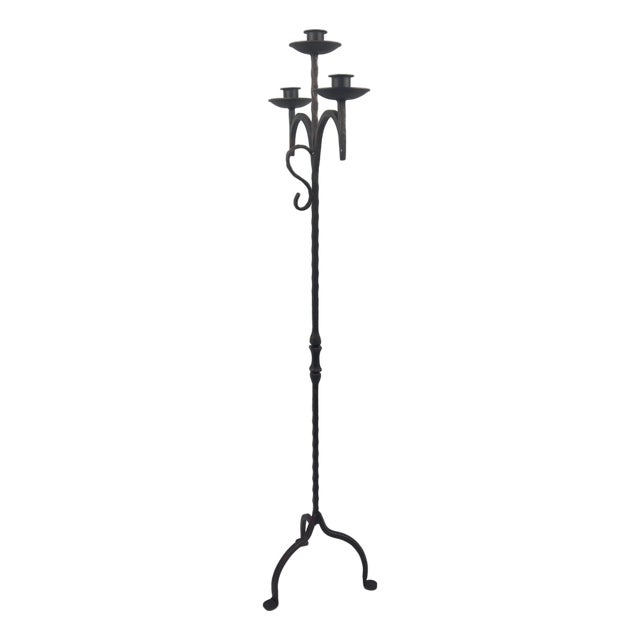 Hand Forged Iron Floor Candelabra 52″ (132cm) Antique Copper Patina 3-Arm Grand Vertical Statement Decor For Sale