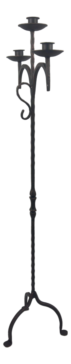 Hand Forged Iron Floor Candelabra 52″ (132cm) Antique Copper Patina 3-Arm Grand Vertical Statement Decor