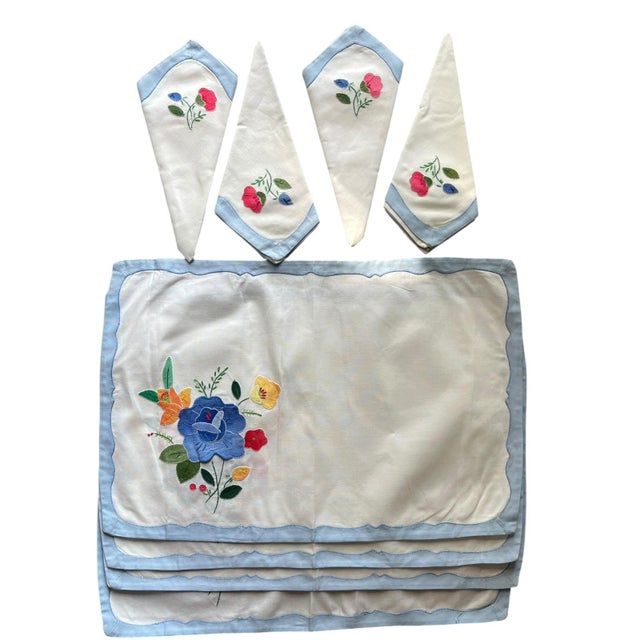 Farmhouse Vintage Set of 4 Placemats & Matching Napkins Early to Mid 20th Century Blue Farmhouse Embroidered Tatting Shabby Chic Traditional English Cottage For Sale - Image 3 of 14
