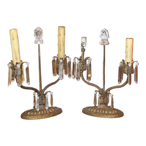 Circa 1890 Antique French Napoleon III Bronze With Cut Crystal & Rock Crystal Girandoles/ Table Lamps