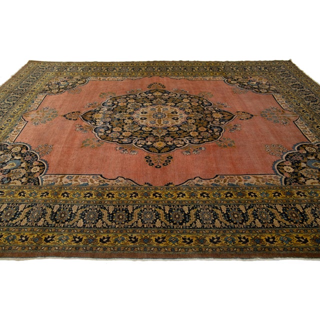 Room Size Antique Tabriz Wool Rug Handmade in Terracotta With a Center Motif For Sale In New York - Image 6 of 11