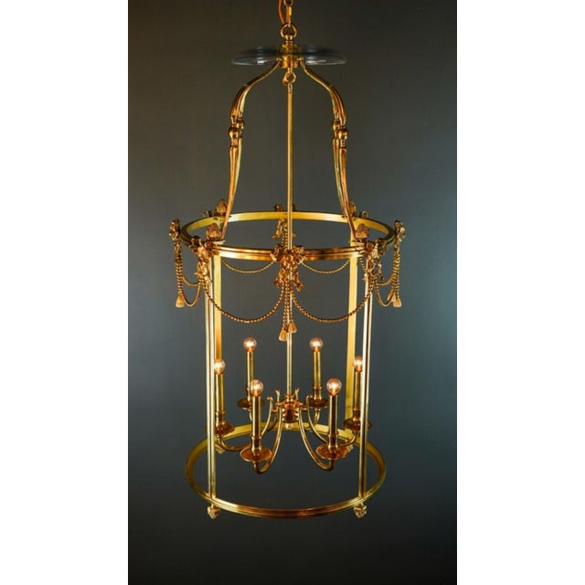 Custom Made Brass Lantern Chandelier Circular Glass Pendant Light 6 Light For Sale - Image 17 of 17