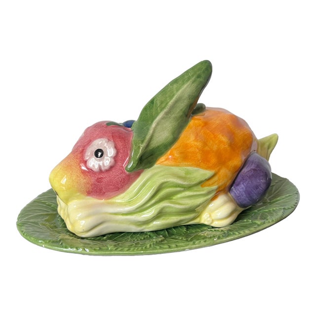 Vintage Italian Majolica Bunny Butter Dish – Hand-Painted Ceramic Easter Kitchen Decor, Made in Italy For Sale
