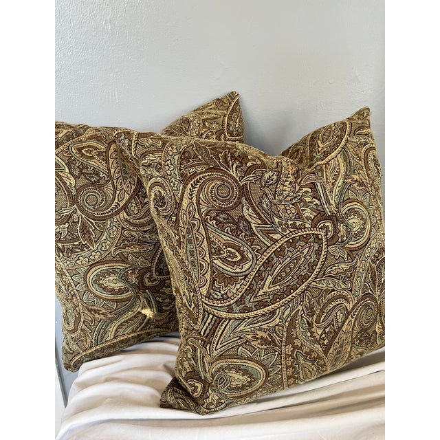 Traditional Blue and Beige Paisley Pattern Decorative Pillows - A Pair For Sale - Image 3 of 7