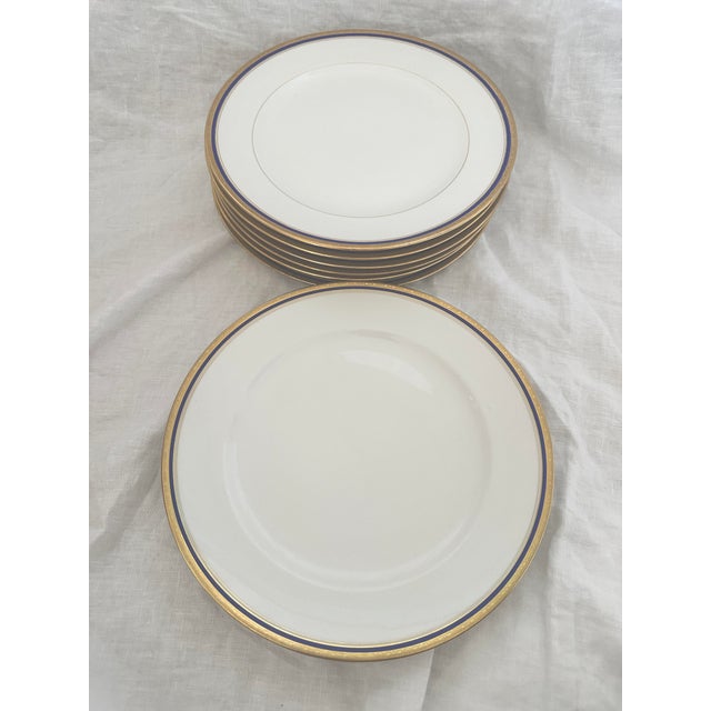 Late 19th Century Set of 8 Gold & Blue Rim Dinner Plates by C. Ahrenfeldt For Sale - Image 5 of 8