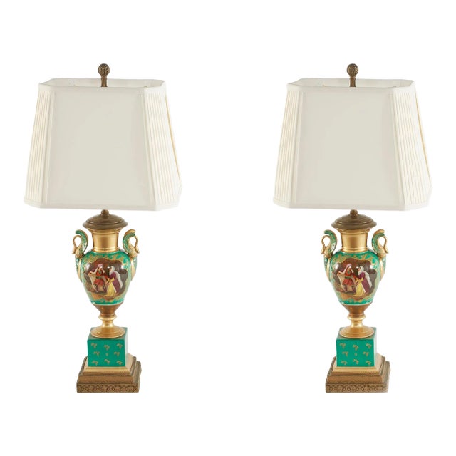 19th Century Gilt Porcelain / Brass Bass Table Lamps - a Pair For Sale