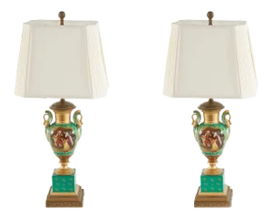 19th Century Gilt Porcelain / Brass Bass Table Lamps - a Pair