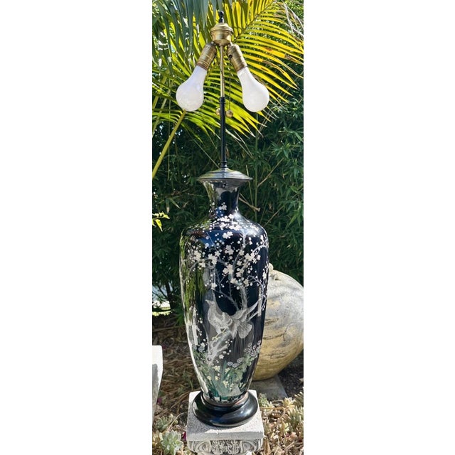 Late 19th Century Huge Meiji Japanese Cloisonné Black Ground Bird & Blossom Tall Table Lamp 40" For Sale - Image 10 of 18