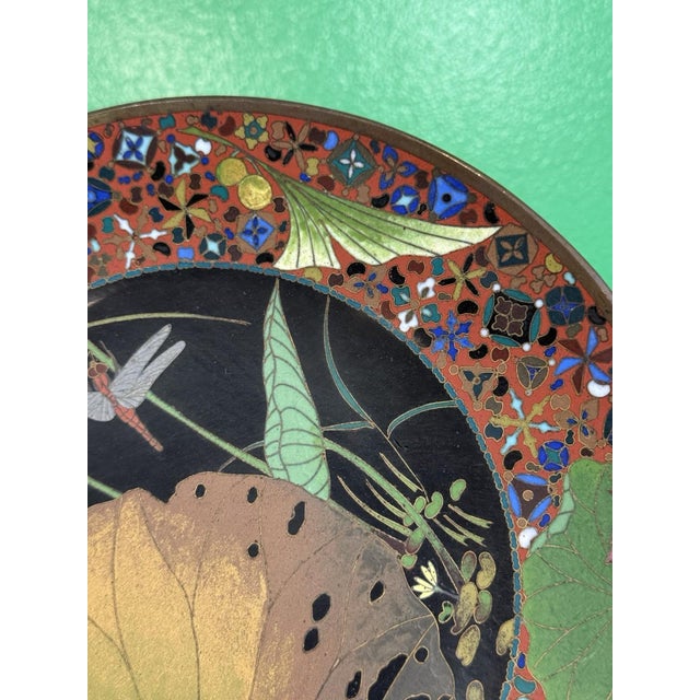 Paint Pair of Meiji Japanese Cloisonne Enamel Plates Goto School Lotus and Insects For Sale - Image 7 of 16
