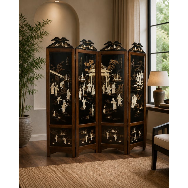 This exquisite four-panel Coromandel screen features an intricate hand-carved and hand-painted scene depicting courtly...
