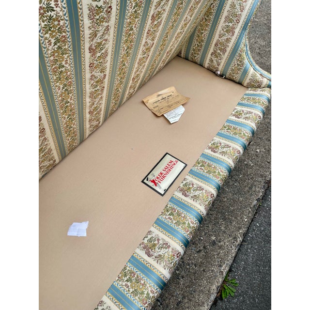 Mid 20th Century Pair Taylor-King Queen Anne Camelback Sofa Loveseat Floral Blue White Stripe For Sale - Image 10 of 12