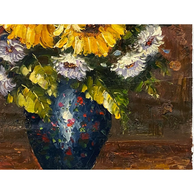 Yellow Impasto Oil Paint Canvas Art Sunflowers Blue Vase Scroll Painting For Sale - Image 8 of 9