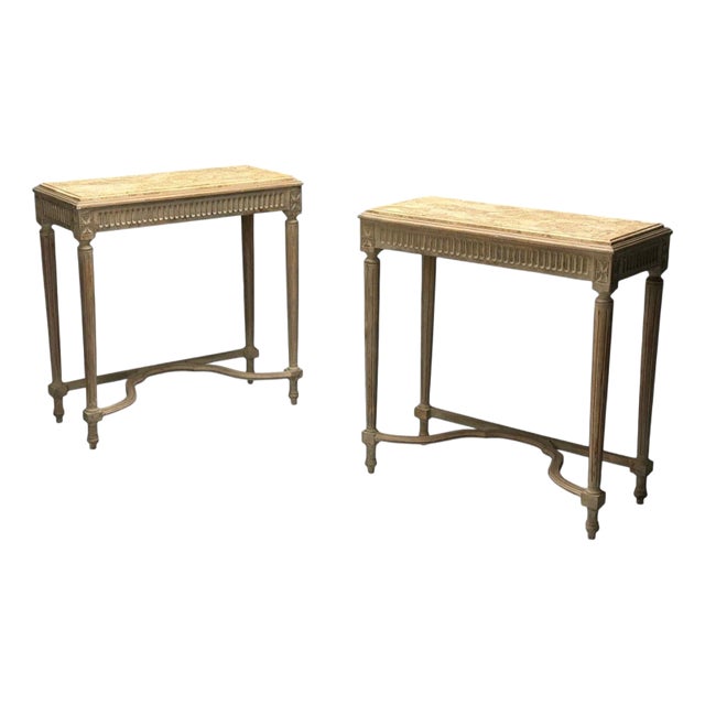 Gustavian, Louis XVI Style, Console Tables, Distressed Grey Wood, Marble, France For Sale