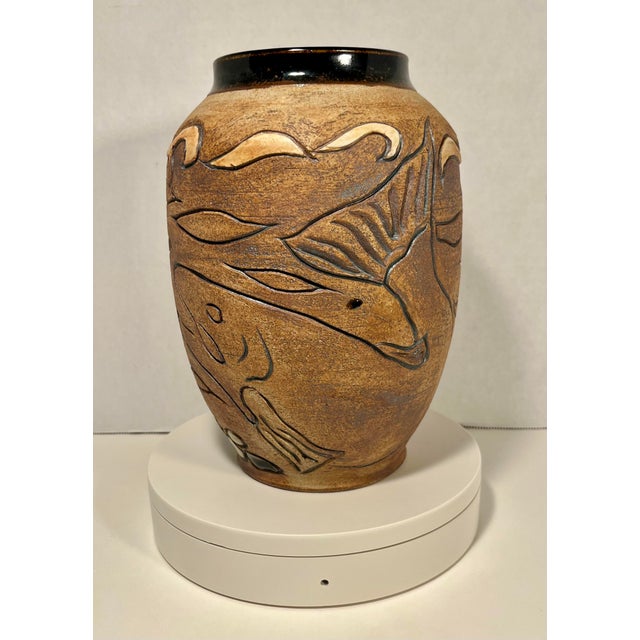 2001 Vintage Native American Studio Art Pottery SALMON Ceramic Vase Signed Aprox. dimensions: 9"H x 6"W Very good original...