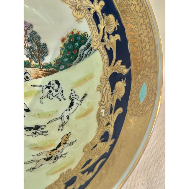 Vintage Chinoiserie Porcelain Equestrian Fox Hunt Scene Bowl in Cobalt Blue & Gilt For Sale - Image 10 of 12