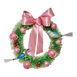One-of-a-Kind Christmas Wreath With Vintage Mercury Glass Birds & Pink Ornaments For Sale