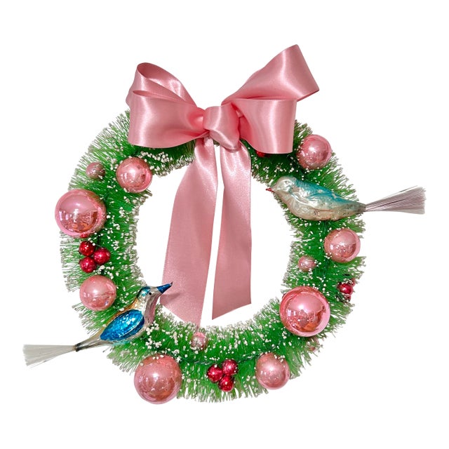 One-of-a-Kind Christmas Wreath With Vintage Mercury Glass Birds & Pink Ornaments For Sale