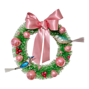 Vintage Christmas Mercury Glass Bird Wreath in Pink & Green