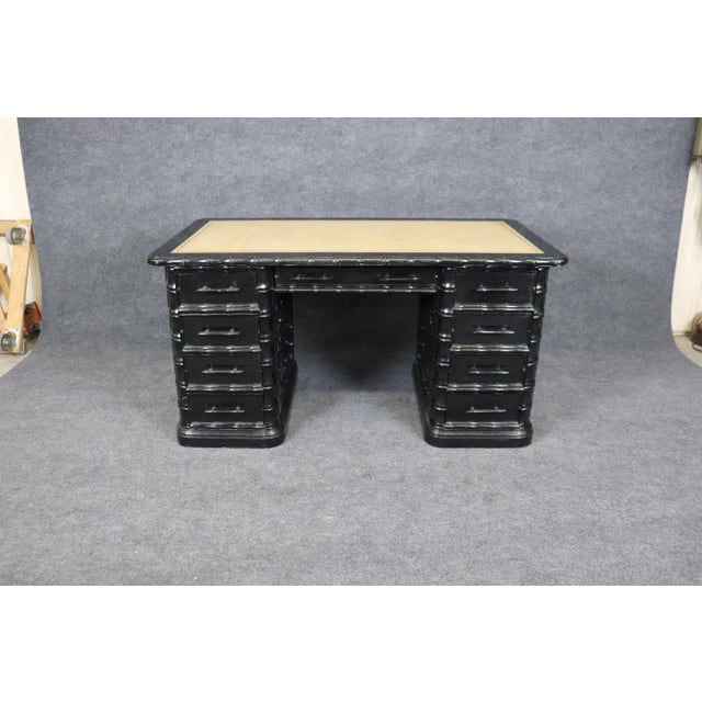 Three Piece Faux Bamboo English Leather Top Executive Desk For Sale - Image 4 of 11