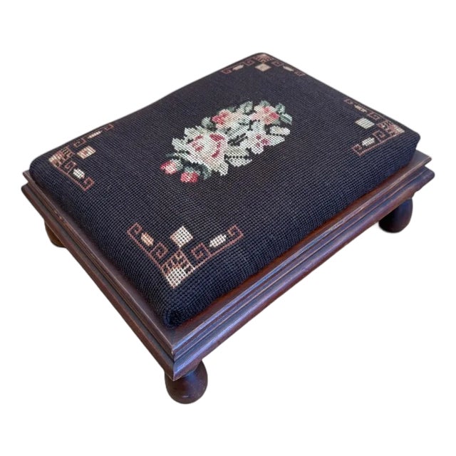 Antique Victorian Embroidered Mahogany Footstool For Sale