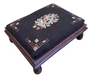 Antique Victorian Embroidered Mahogany Footstool