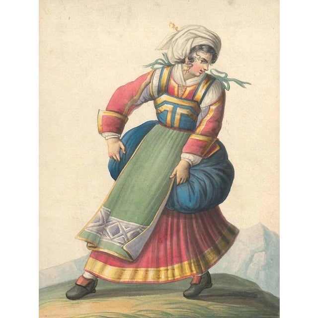 Woman in Typical Italian Costumes - Watercolor by M. De Vito - 1820 ca. 1820 c.a. For Sale - Image 3 of 3