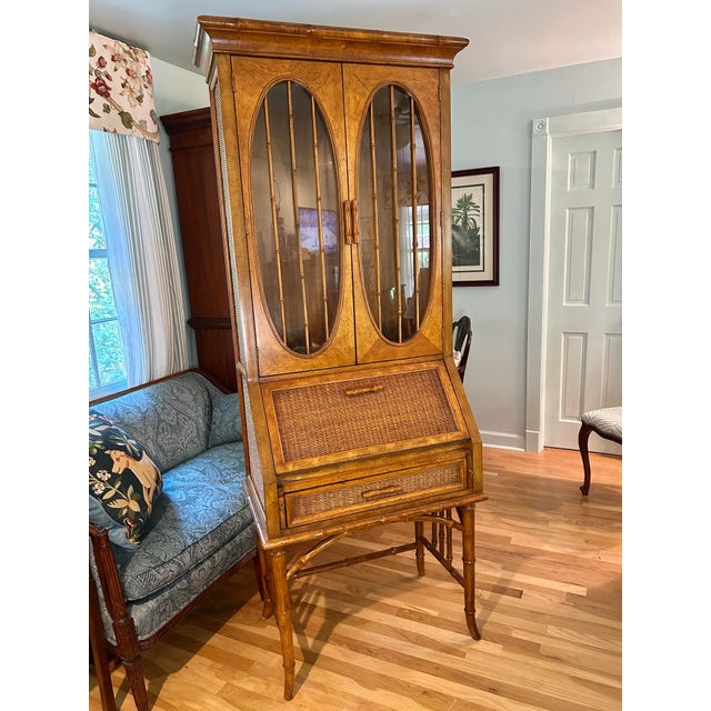 Chinoiserie 1970’s American of Martinsville Faux Bamboo Chinoiserie Palm Beach Secretary Desk With Display Cabinet For Sale - Image 3 of 12