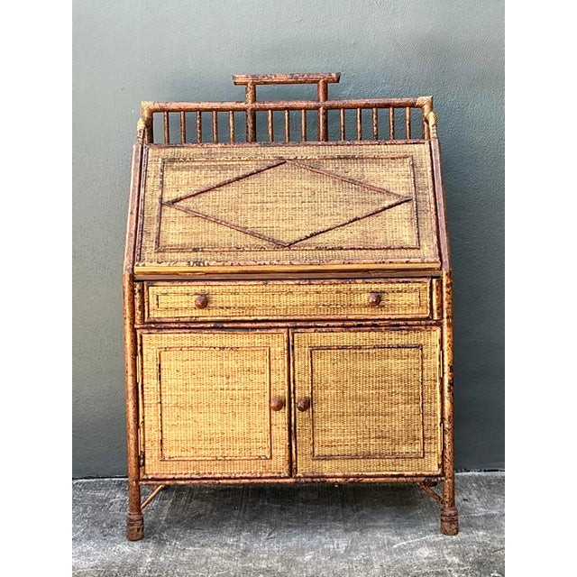 Late 20th Century Vintage Tortoise Burnt Rattan Drop Front Desk For Sale - Image 5 of 12
