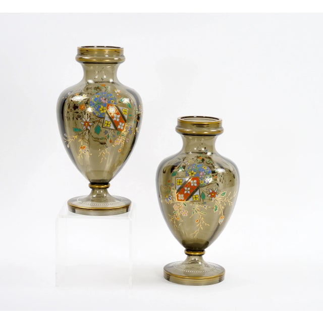 Pair Antique French Hand Gilt / Decorated Enameled Gray Tinted Glass Vases For Sale - Image 12 of 12