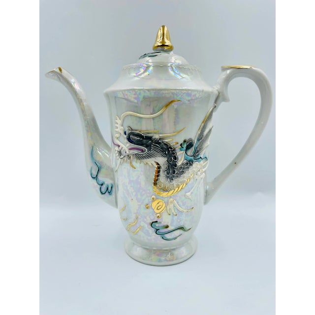 Japanese Vintage White Dragon Ware Lusterware Moriage Geisha Lithophane Tea Set- 15 Pieces For Sale - Image 3 of 13