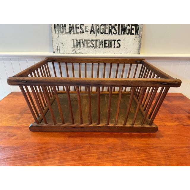 Large Antique Oak Slat Market Basket | Primitive General Store Produce Display Crate | Mission Style Farmhouse Storage For Sale - Image 17 of 17