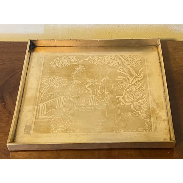 Early 20th Century Antique Early 20th Century Japanese Meiji Period Square Brass Tray With Etched Court Scene For Sale - Image 5 of 17