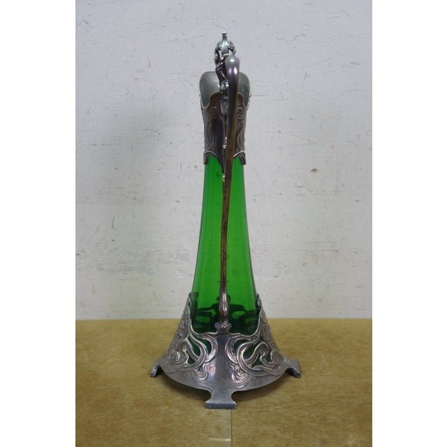 Antique Art Nouveau German WMF Green Glass Pewter Claret Pitcher Jug For Sale - Image 4 of 15