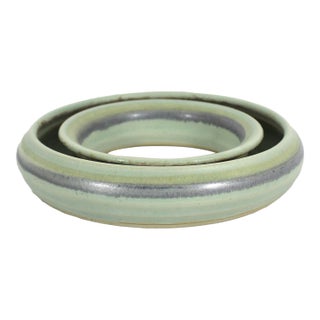 Vintage Studio Pottery Ceramic Pansy Ring Pale Green Pottery Ikebana Flower Frog Vase For Sale