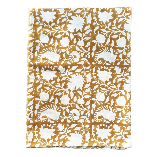 Floral Block Printed Cotton Yellow Ochre Table Runner | Lizzet Frausto For Sale