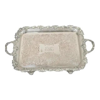 Antique Victorian Pierced Grapevine Basket Gallery Serving Platter Tray For Sale