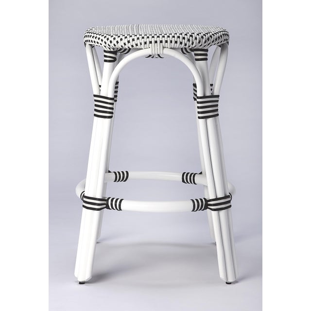 Spritely Home Accent Furniture Tobias 24 in. Seat Height Round Rattan Backless Counter Stool, White/Black Dot / White Rattan Frame For Sale - Image 4 of 8