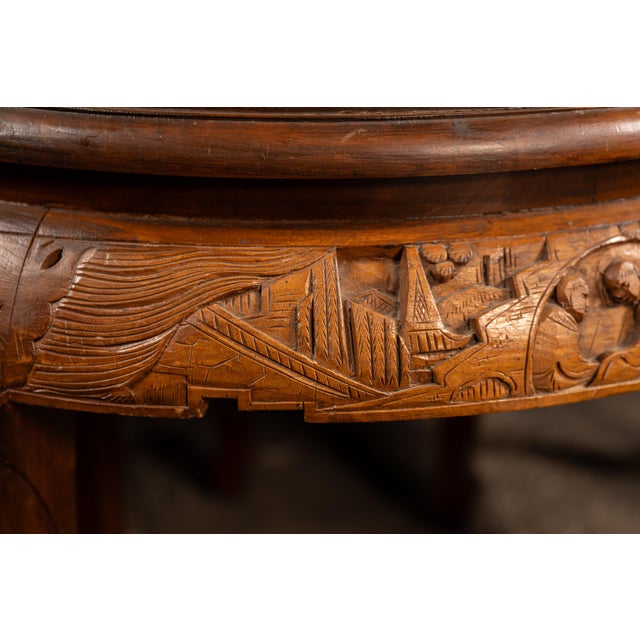 Antique Carved Chinese Nesting Tea Table With Four Stools For Sale - Image 9 of 9