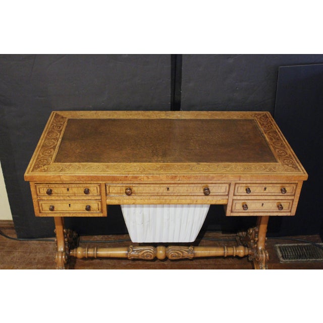 Circa 1825-35 English Writing Table Desk, Regency-William IV period. Raised on an exceptional scroll & leaf carved yew...