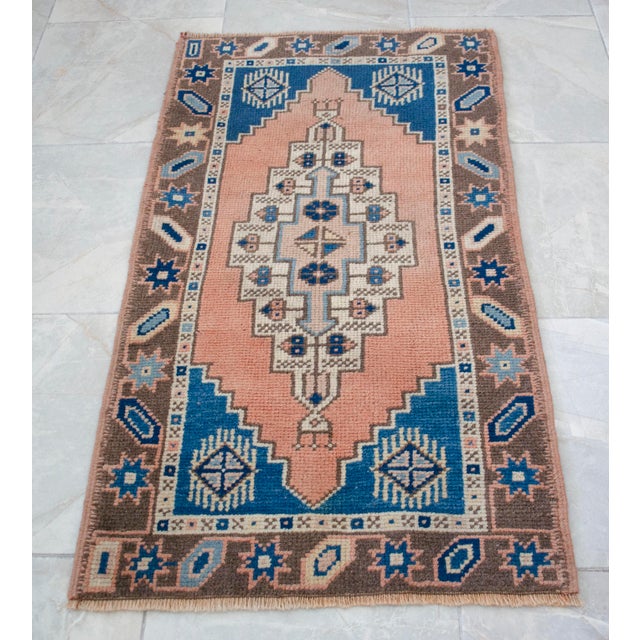 Front of Kitchen Sink Rug Hand Made Small Turkish Rug Bath Mat Faded Mini Rugs 2'2" X 3'10" For Sale - Image 14 of 14