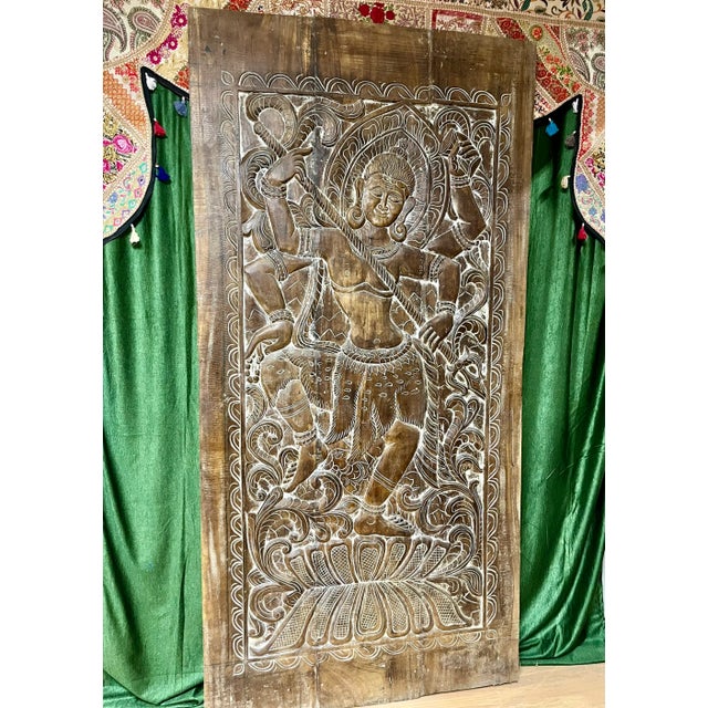Hand-Carved Tandav Shiva Temple Door Panel – Vintage Indian Wall Art Accent 84x41 For Sale - Image 4 of 7