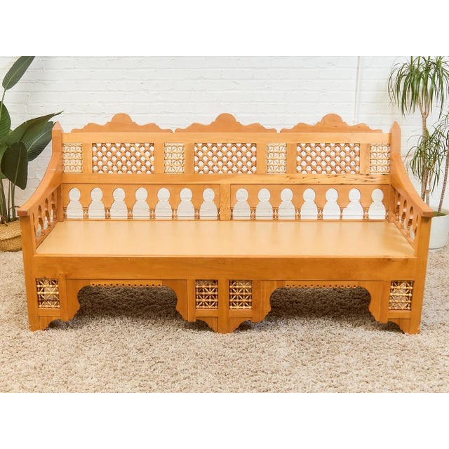 Mid 20th Century Mid 20th Century Beautiful Moroccan Unstained Hand Carved Wooden Sofa With Moucharabieh Paneling For Sale - Image 5 of 12