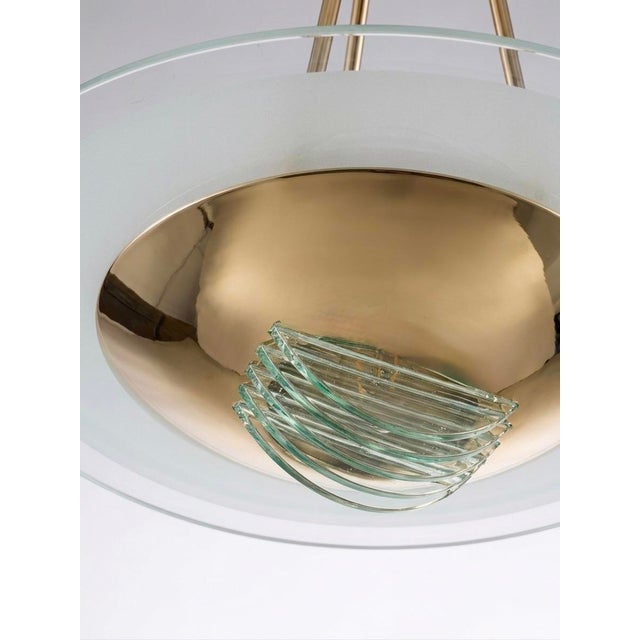 Memphis Group 1970s Mid-Century Modern French Brass & Frosted Glass Pendant Light – 24" Luxury Chandelier For Sale - Image 4 of 6
