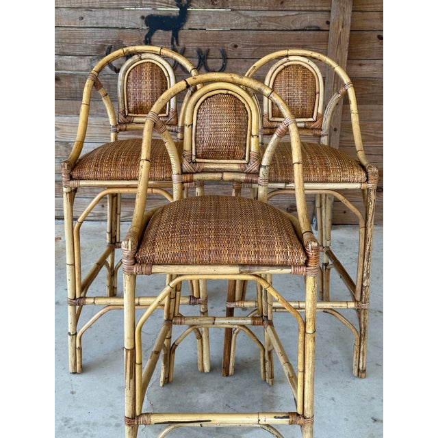 Tan Late 20th Century Coastal Rattan With Rattan Weave Seats Barstools-Set of Three For Sale - Image 8 of 10