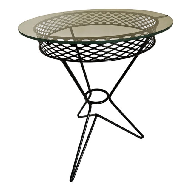1950s MCM Atomic Tripod Wrought Iron Glass Top Side Table For Sale