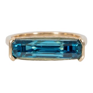 6.5cts Blue Zircon Solitaire Ring: Solid 14k Gold, Emerald Cut, Size 6.75 For Sale