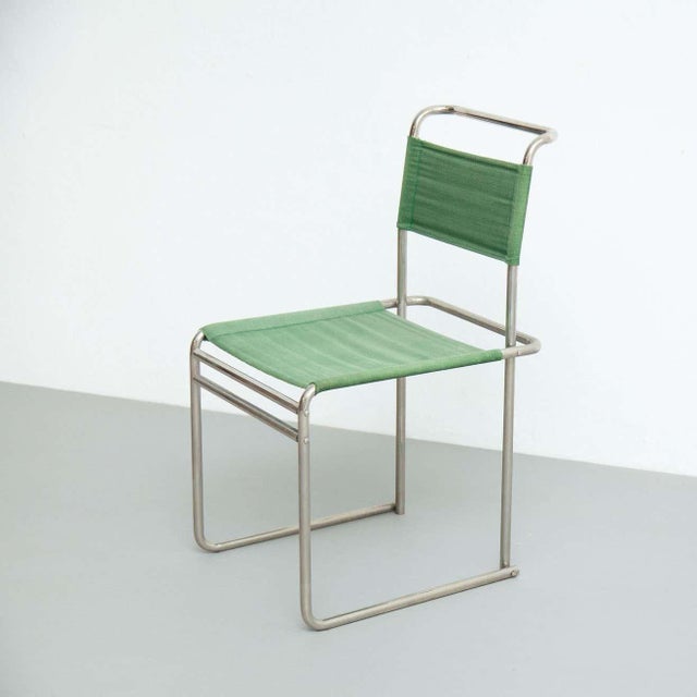 Mid-Century Modern Tubular Steel Chair with Green Fabric For Sale - Image 12 of 18