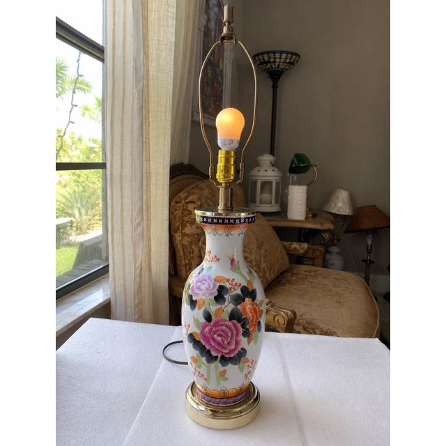 Chinoiserie Vintage Chinoiserie Porcelain Table Lamp, Hand-Painted Floral Motif, Gold Accents, Ornate Brass Details, Traditional Asian-Inspired Decor For Sale - Image 3 of 12