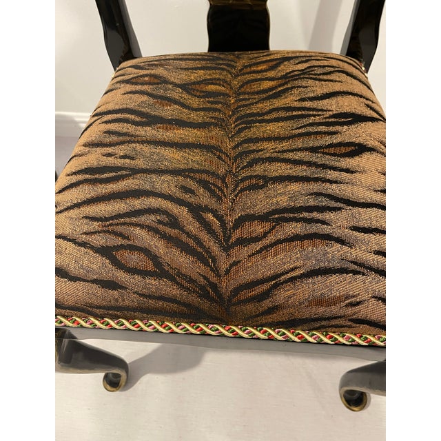 1960s Gorgeous Regency Mid 20th Century Set of 4 Dining Chairs Black Lacquer TigerBrocade For Sale - Image 5 of 14