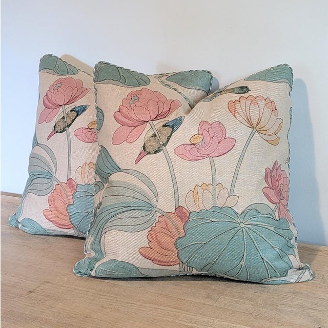 Teal Lee Jofa Nympheus Twill Pillows in Pink/Teal With Braided Multi Cord- 22" Pair For Sale - Image 8 of 8